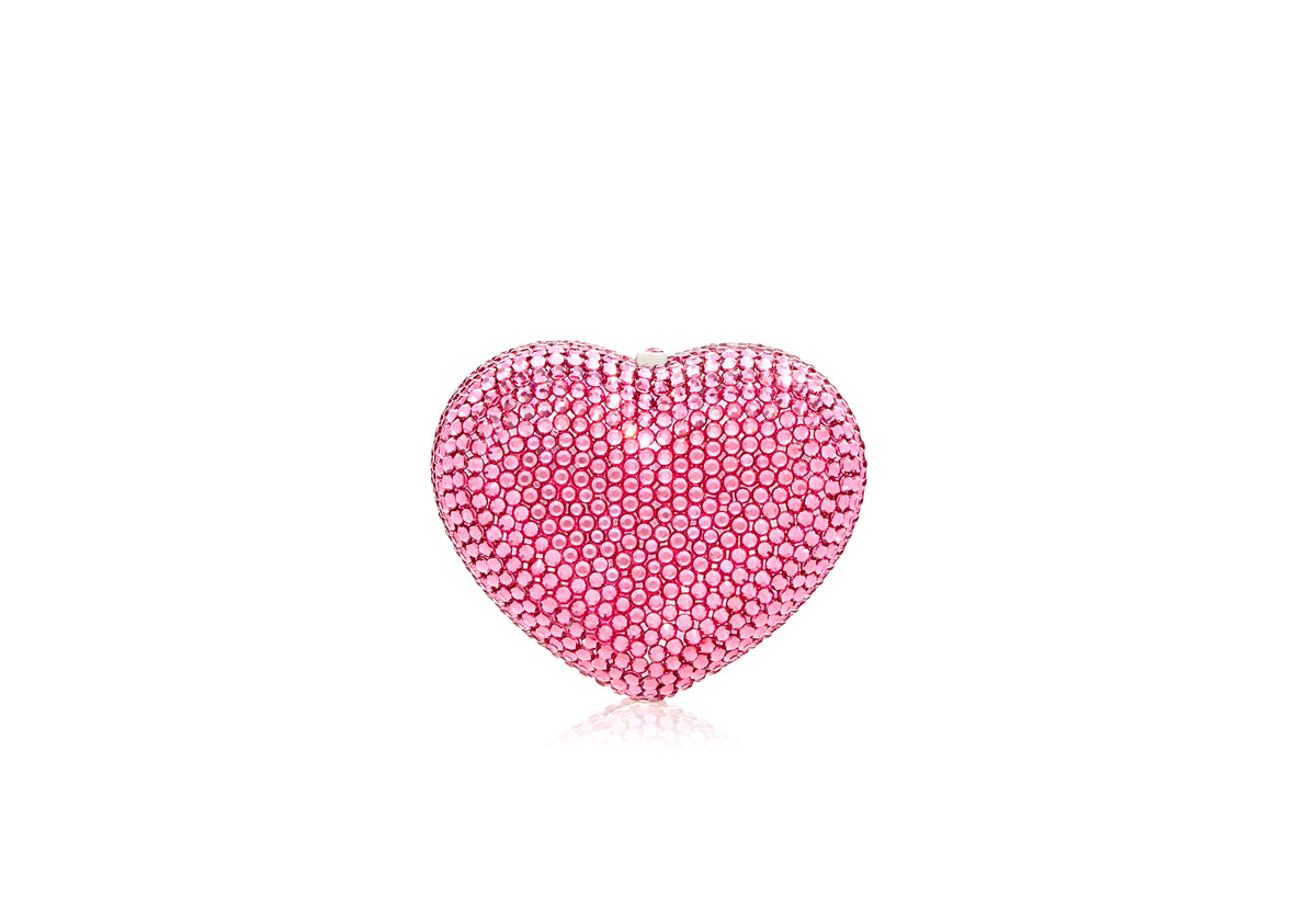 Front view of Heart Miniature Pillbox in Pink showcasing pink European crystals and push-lock closure against a white background