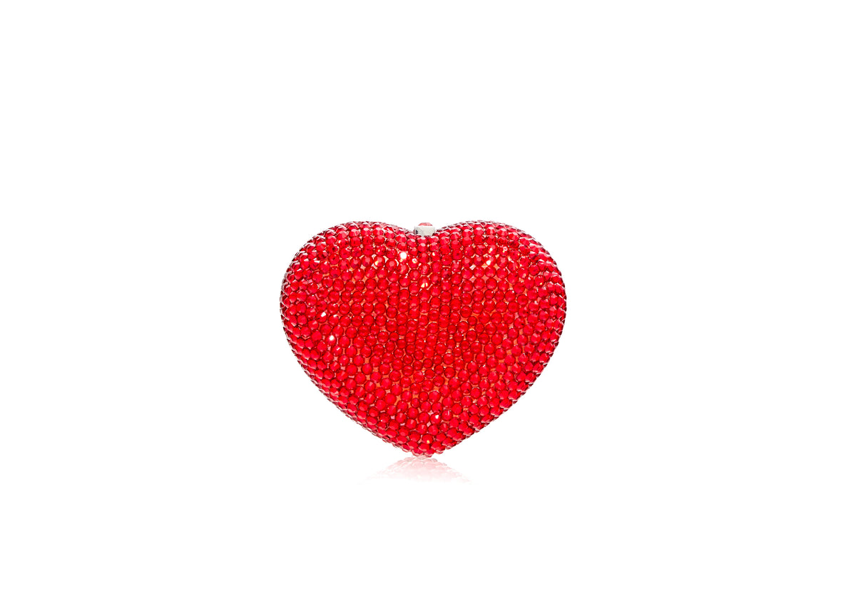 Front view of Heart Miniature Pillbox in Red showcasing crystal-adorned brass and heart shape with white background