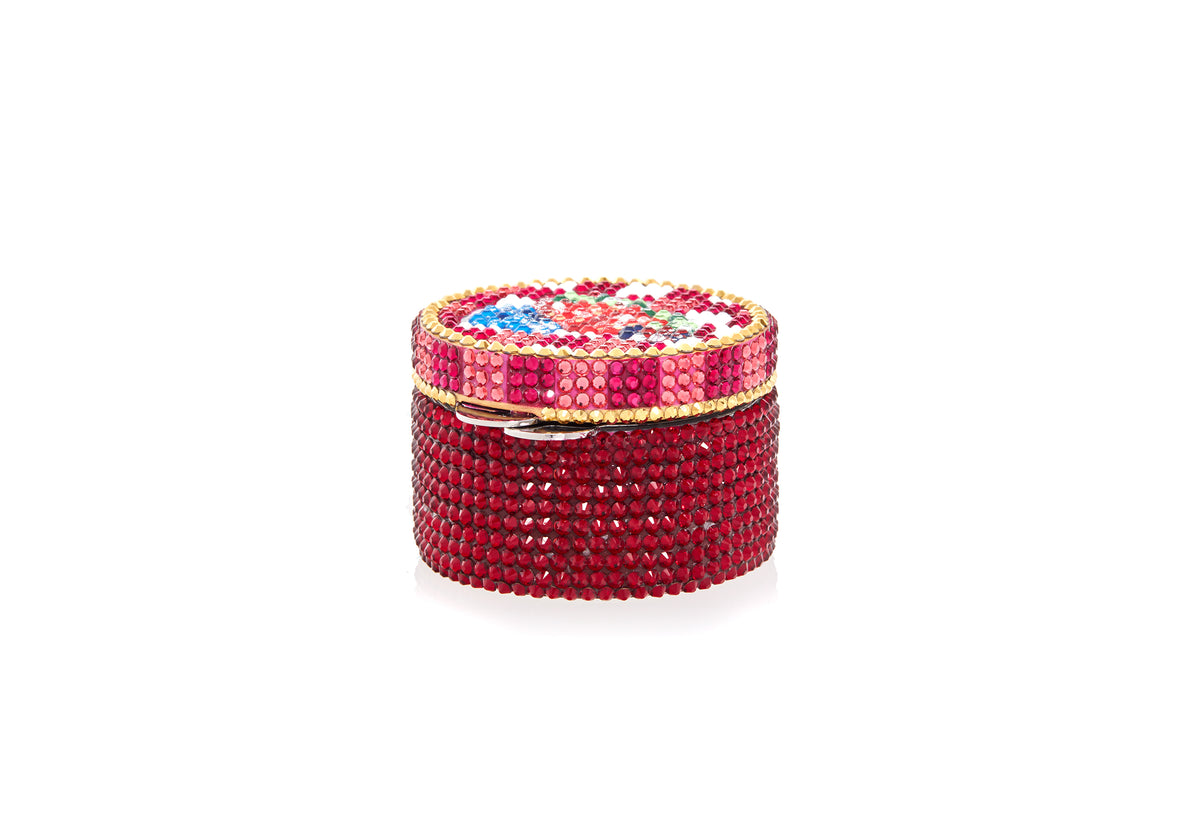 Front view of Jar Miniature Judith’s Jelly Handbag with ruby red crystals and checkered lid on white background