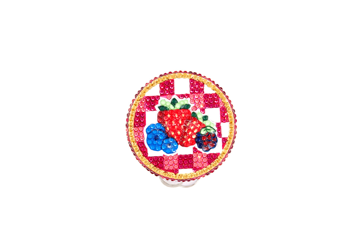 Top view of Judiths Jelly Jar Miniature Handbag showcasing ruby red crystals, berry designs, and checkered details on white