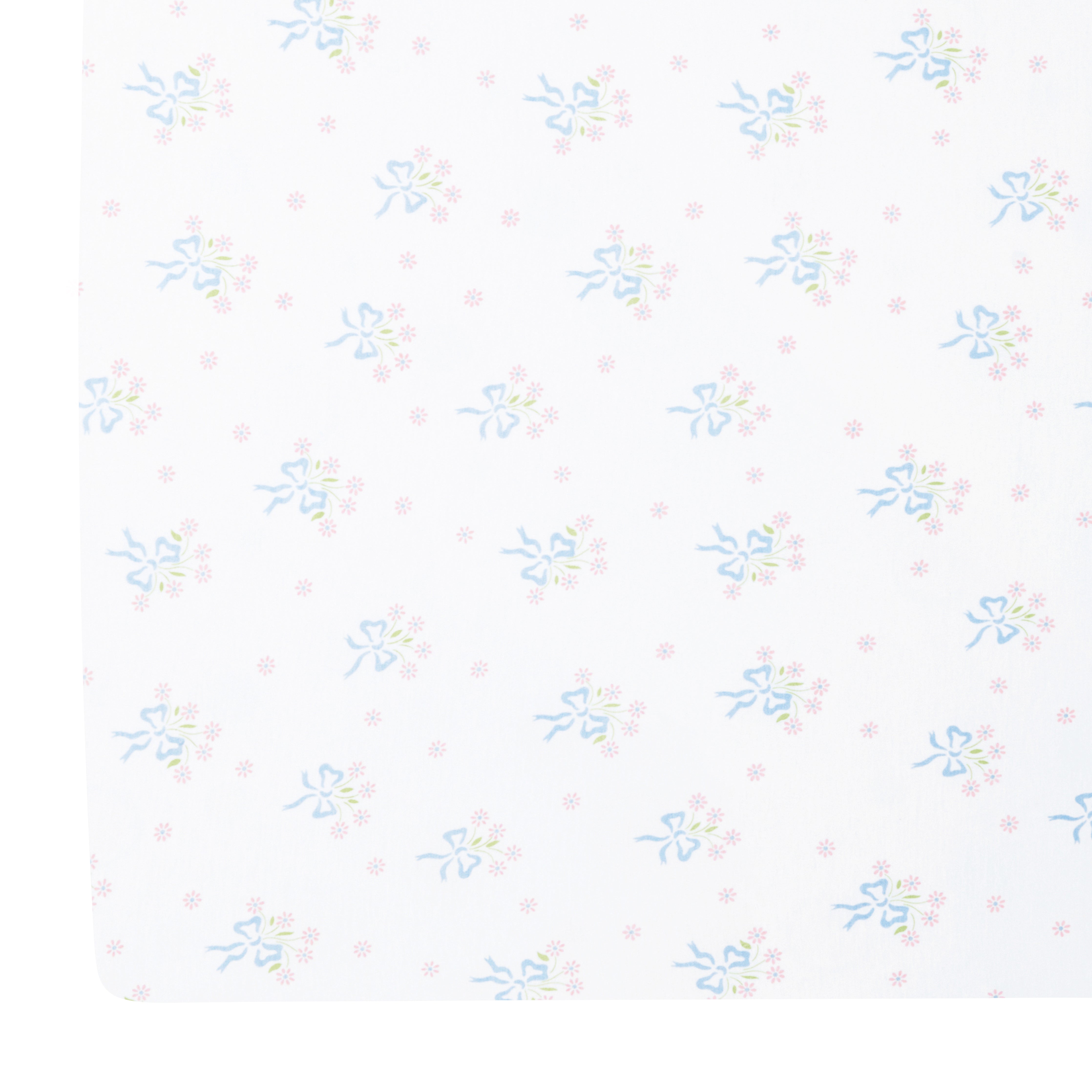 little english classic children's clothing girls pima crib sheet with white background and blue bows with pink floral bouquet all over print 