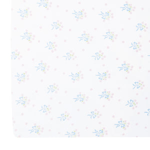 little english classic children's clothing girls pima crib sheet with white background and blue bows with pink floral bouquet all over print 