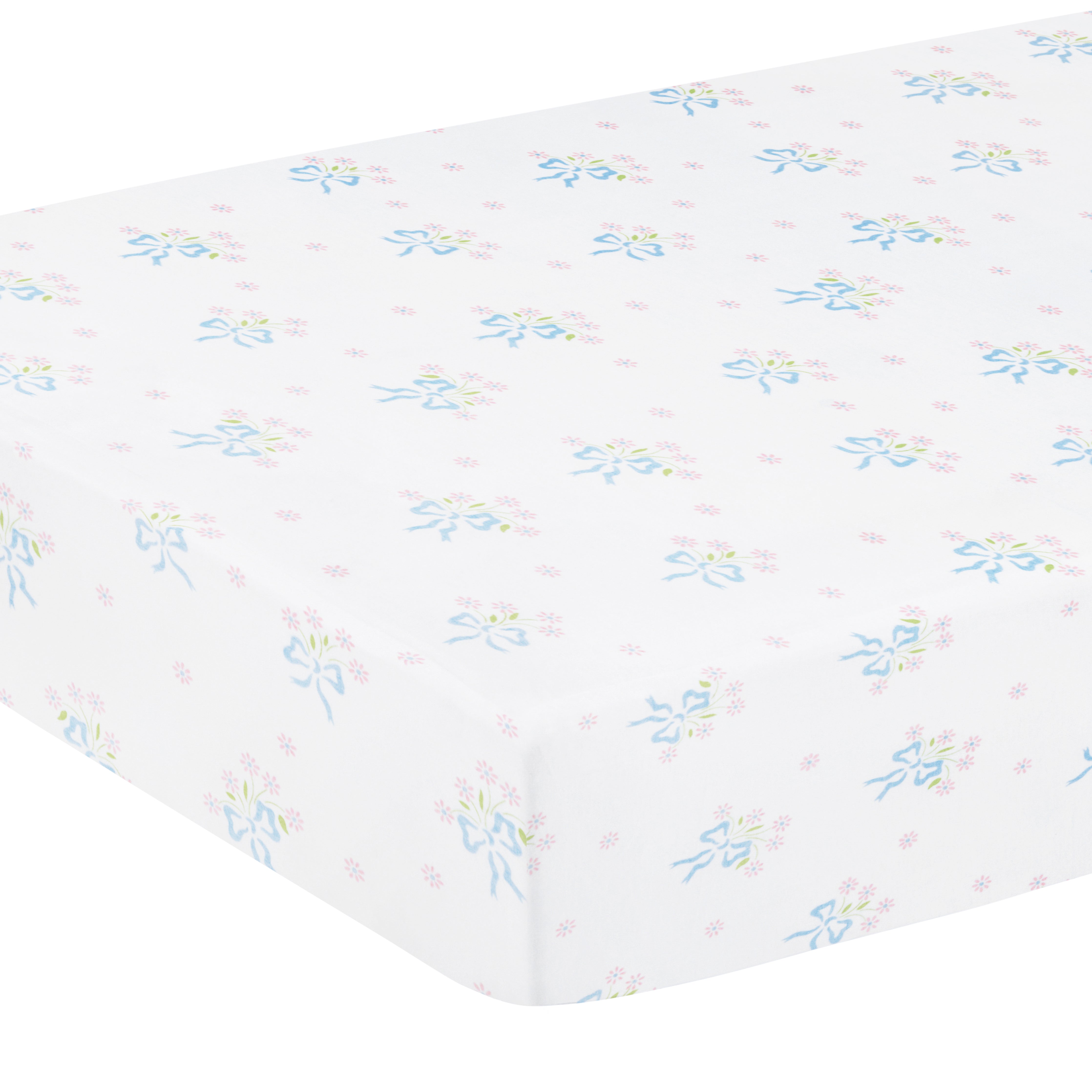 little english classic children's clothing girls pima crib sheet with white background and blue bows with pink floral bouquet all over print 