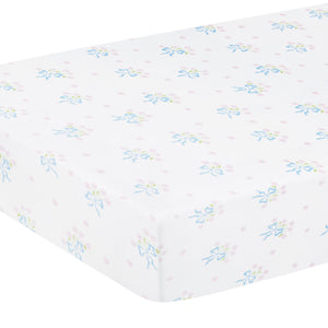 little english classic children's clothing girls pima crib sheet with white background and blue bows with pink floral bouquet all over print 