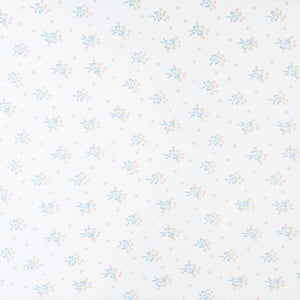little english classic children's clothing girls pima crib sheet with white background and blue bows with pink floral bouquet all over print 