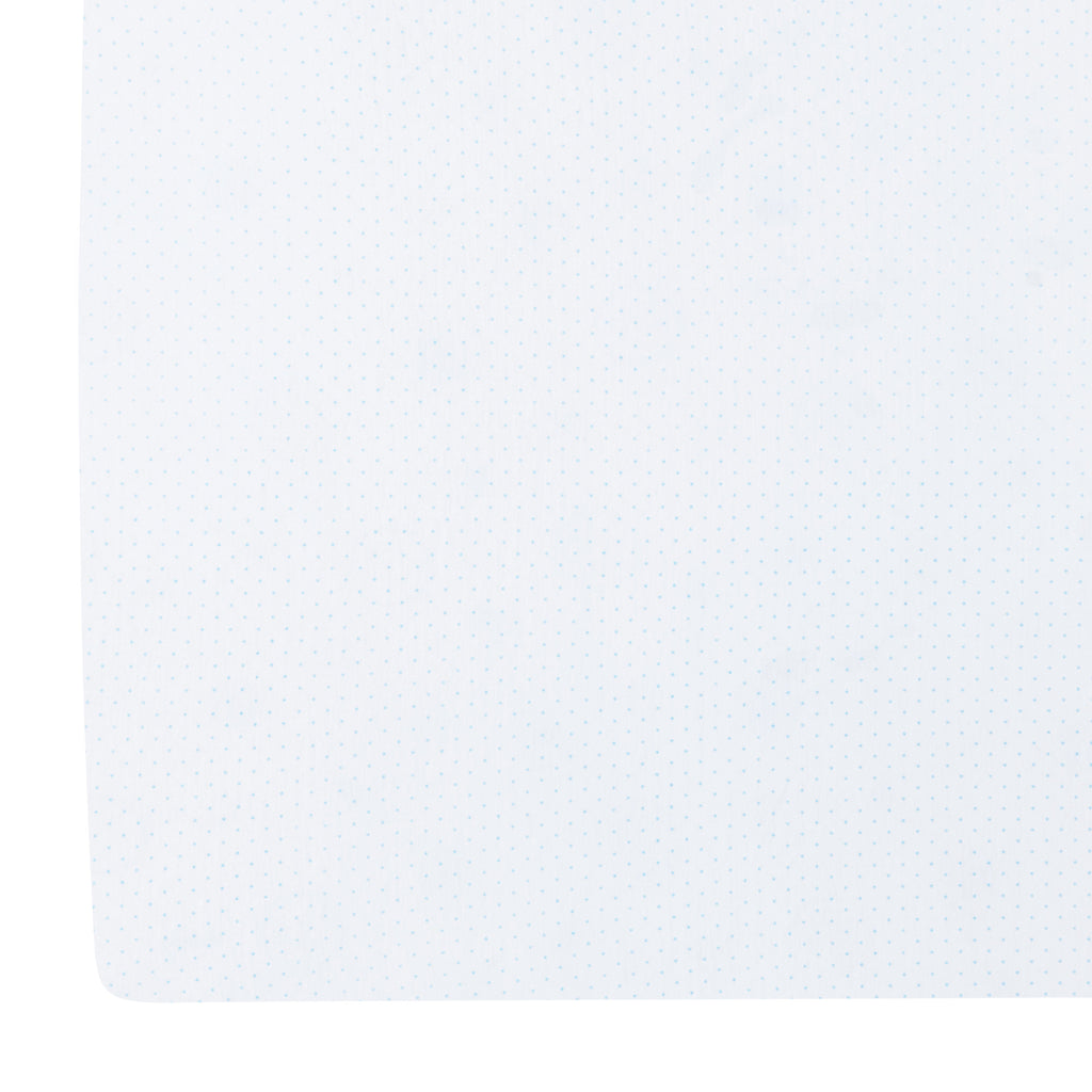 little english classic children's clothing pima crib sheet with white background and light blue micro dot all over print 