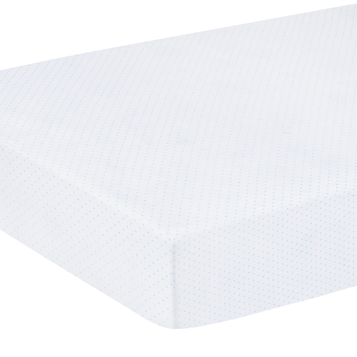 little english classic children's clothing pima crib sheet with white background and light blue micro dot all over print 