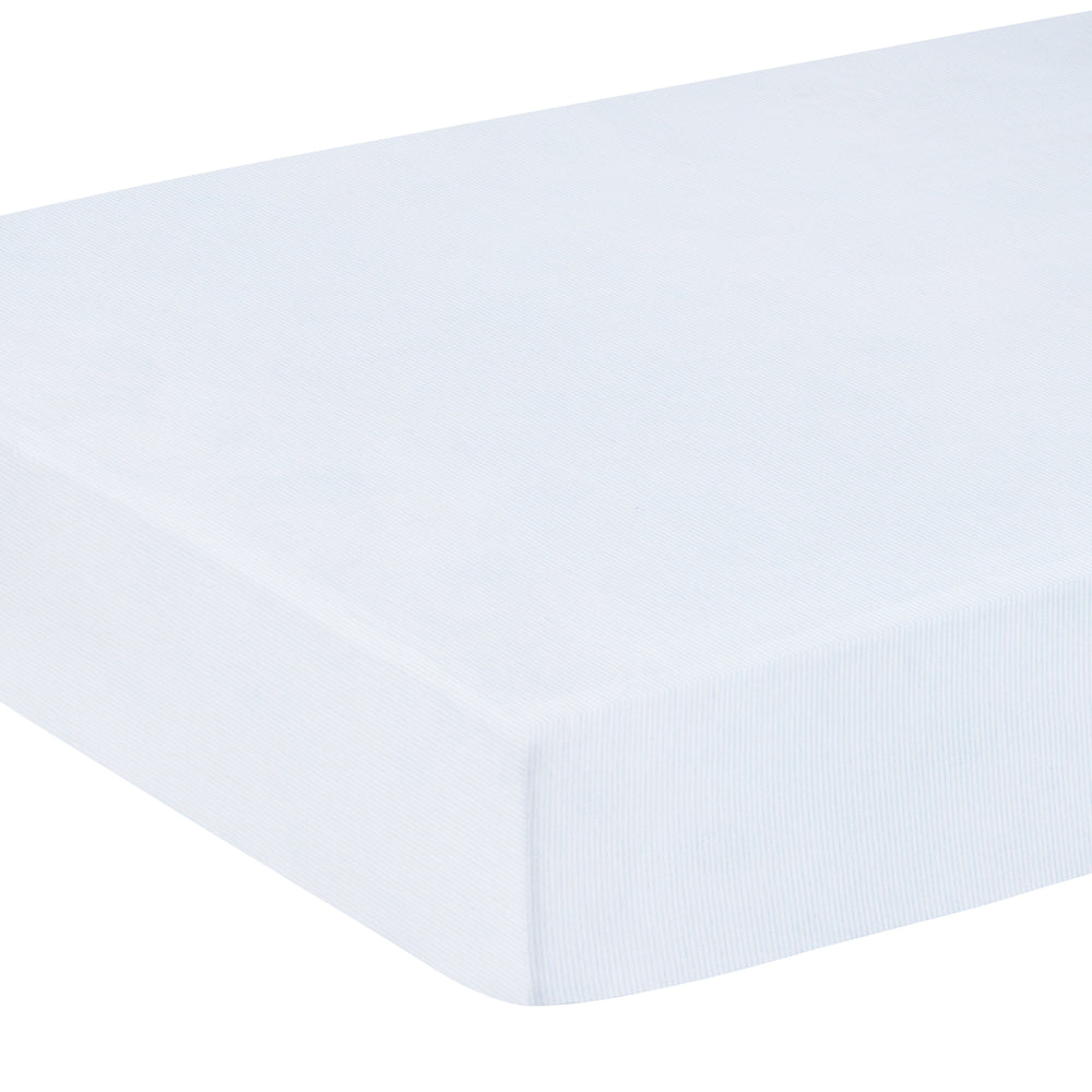 little english classic children's clothing pima crib sheet with white background and light blue stripe all over print 