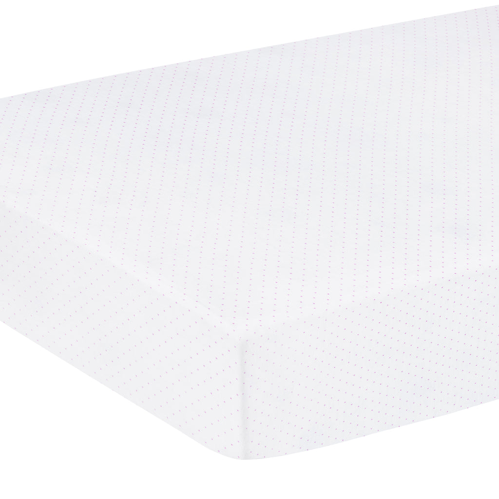 little english classic children's clothing pima crib sheet with white background and light pink micro dot all over print 