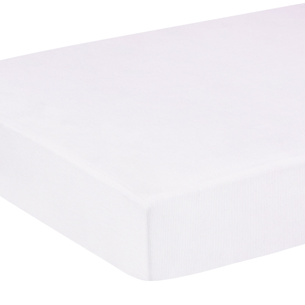 little english classic children's clothing pima crib sheet with white background and light pink stripe all over print 