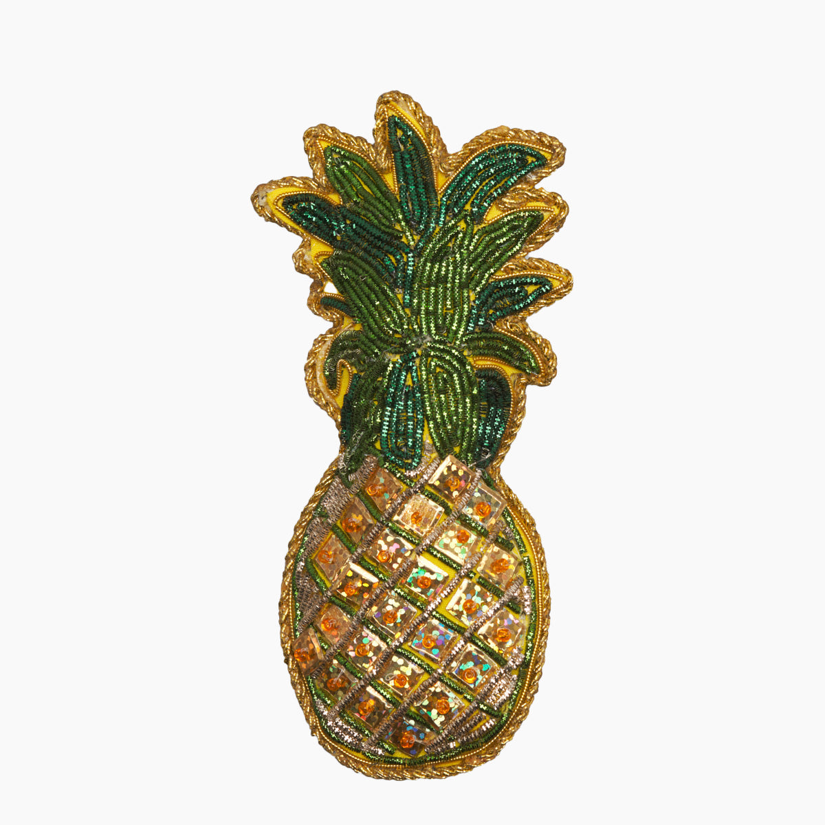 Front view of Pineapple Ornament showcasing bead and metallic thread embroidery on velveteen fabric with a white background