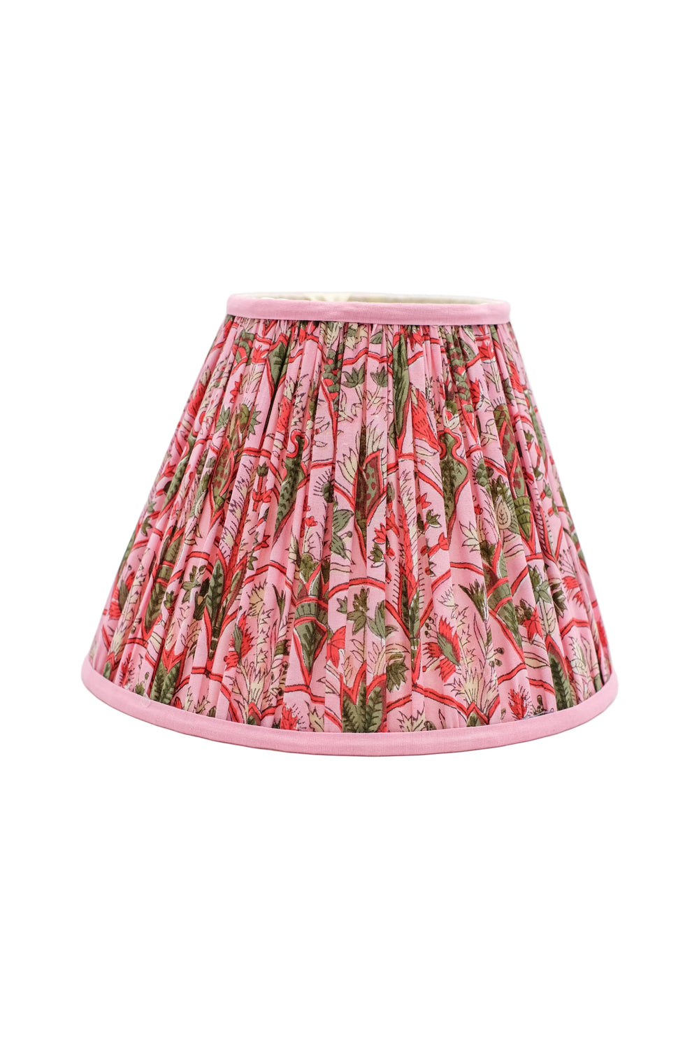 10 inch pleated blockprint empire lampshade with pink base and red/green floral pattern from Inner Child
