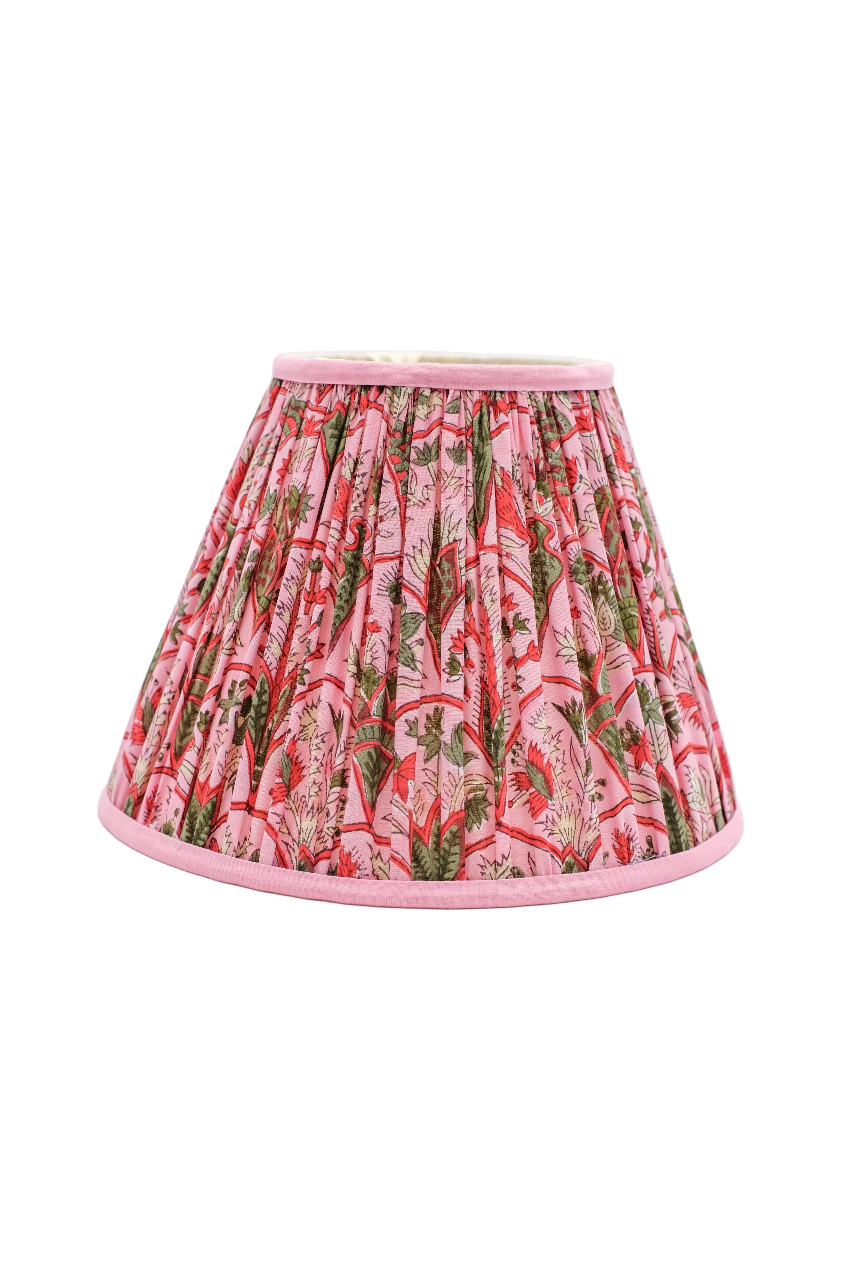 10 inch pleated blockprint empire lampshade with pink base and red/green floral pattern from Inner Child