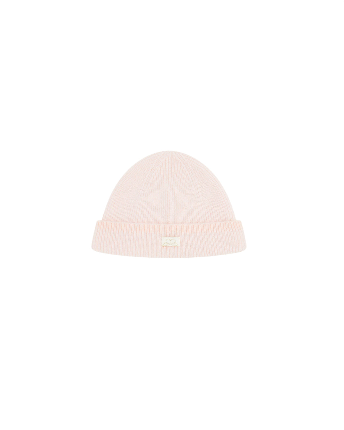 Front view of the Cashmere Hat in Pink showcasing its ribbed hem and embroidered Angel Wing tab on a white background
