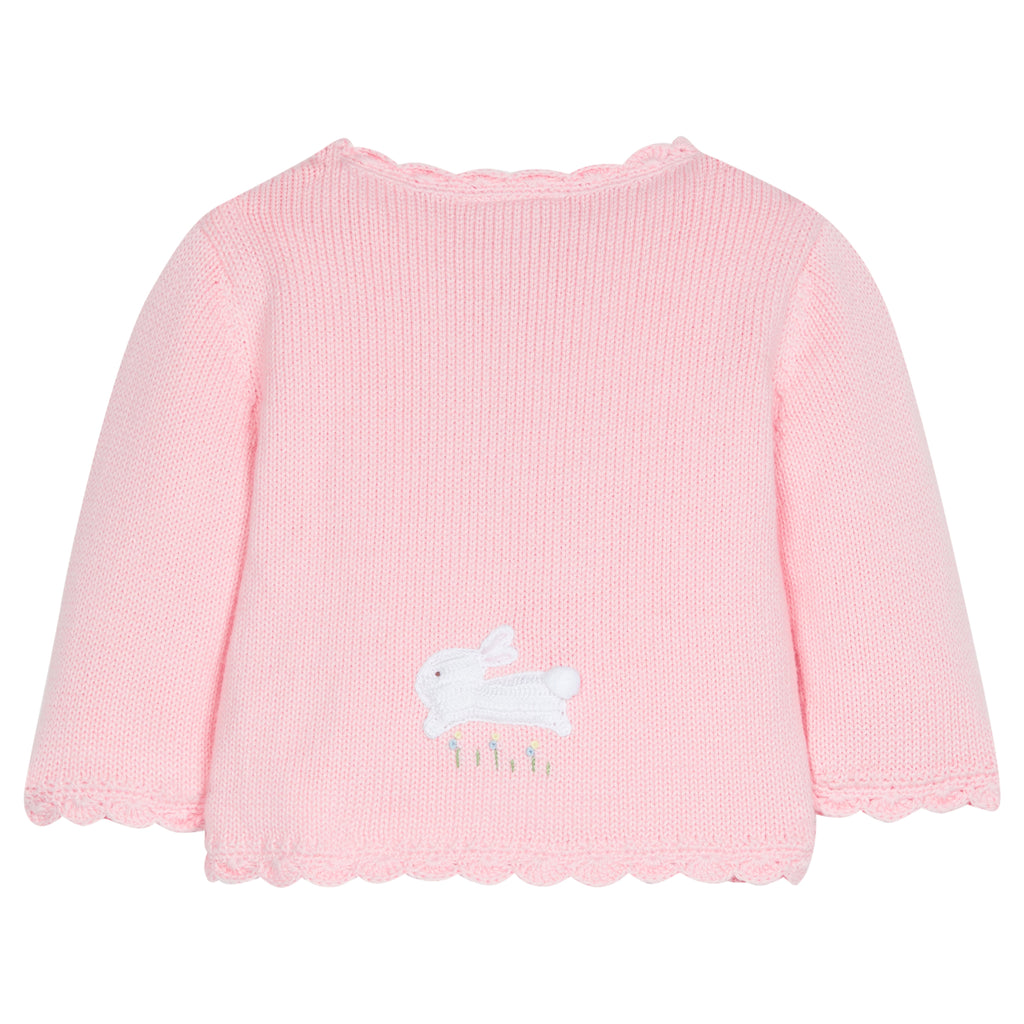 Little English signature crochet cardigan, hand-crocheted pink baby sweater with white bunnies for easter