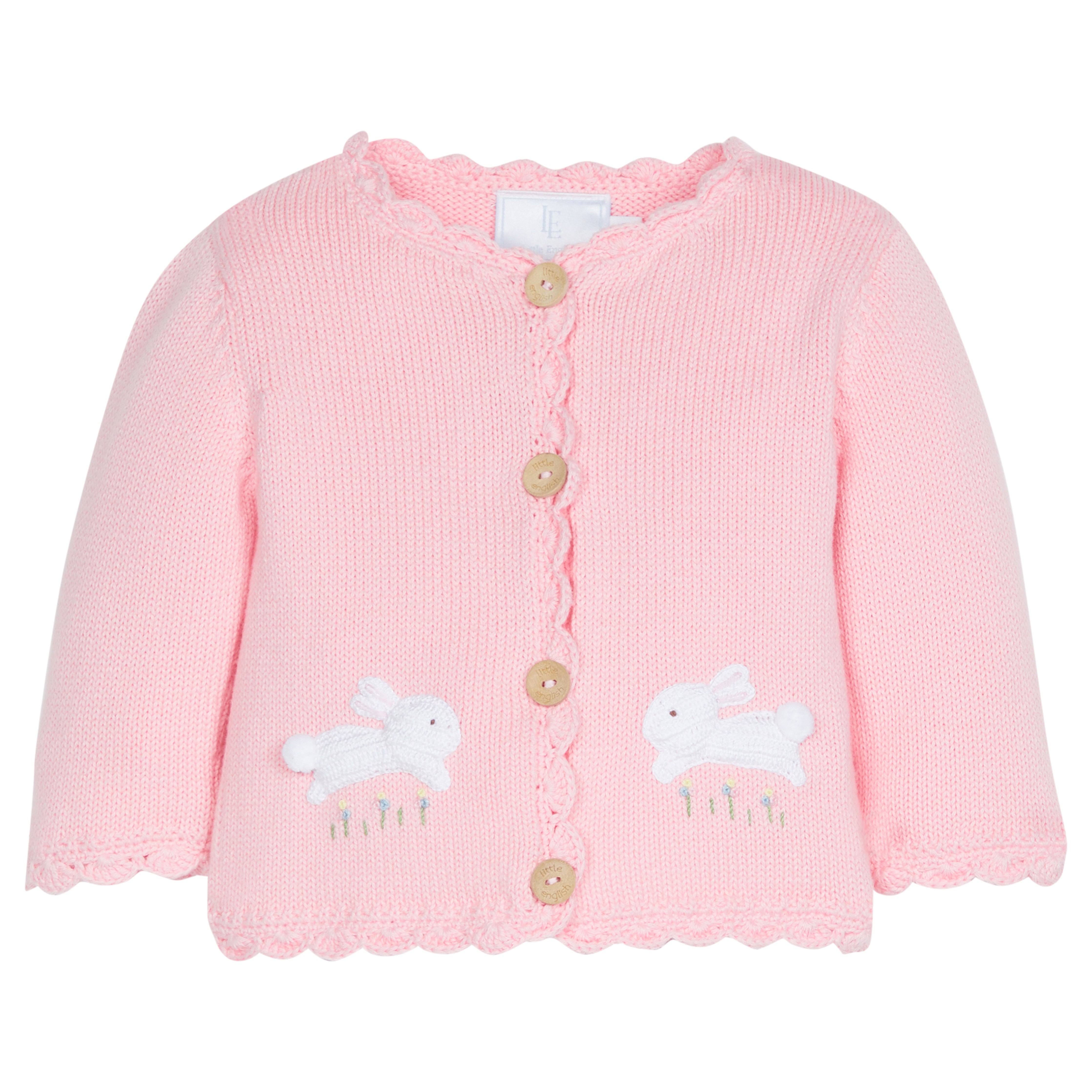 Little English signature crochet cardigan, hand-crocheted pink baby sweater with white bunnies for easter