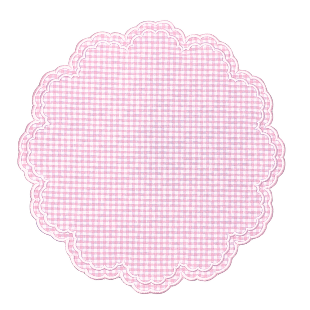 Top view of Bettina-Gingham Placemat in Pink, set of 4 showcasing pink gingham, white embroidered trim and dots on white