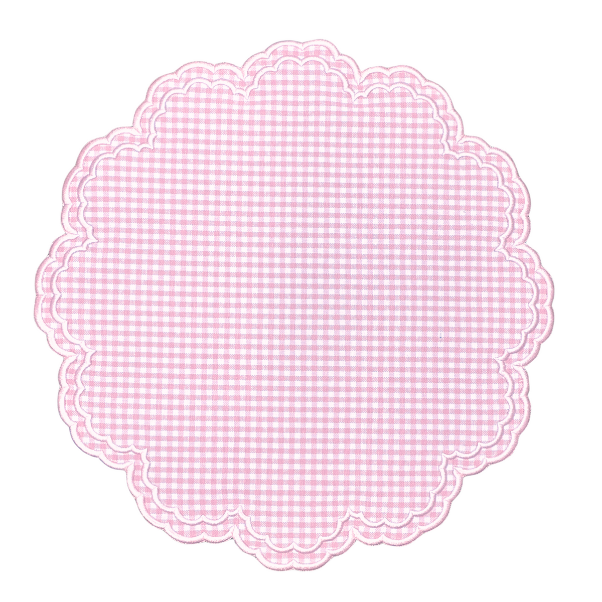 Top view of Bettina-Gingham Placemat in Pink, set of 4 showcasing pink gingham, white embroidered trim and dots on white