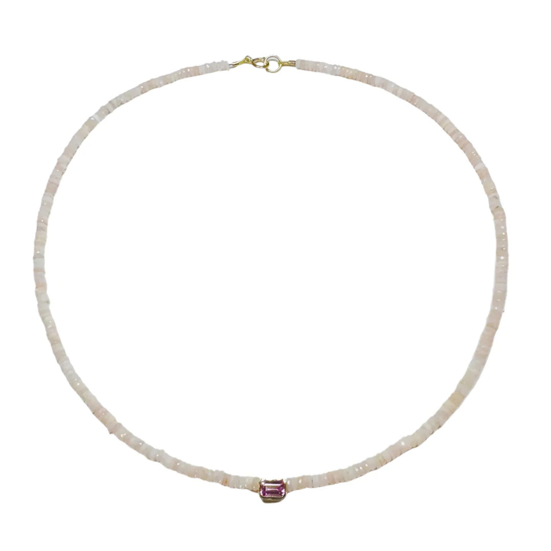 Pink Opal Heishi Necklace With Bezel Set Pink Tourmaline