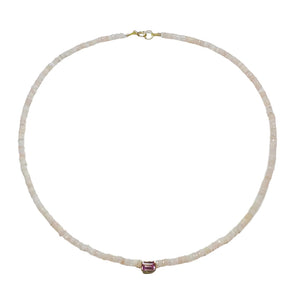 Pink Opal Heishi Necklace With Bezel Set Pink Tourmaline