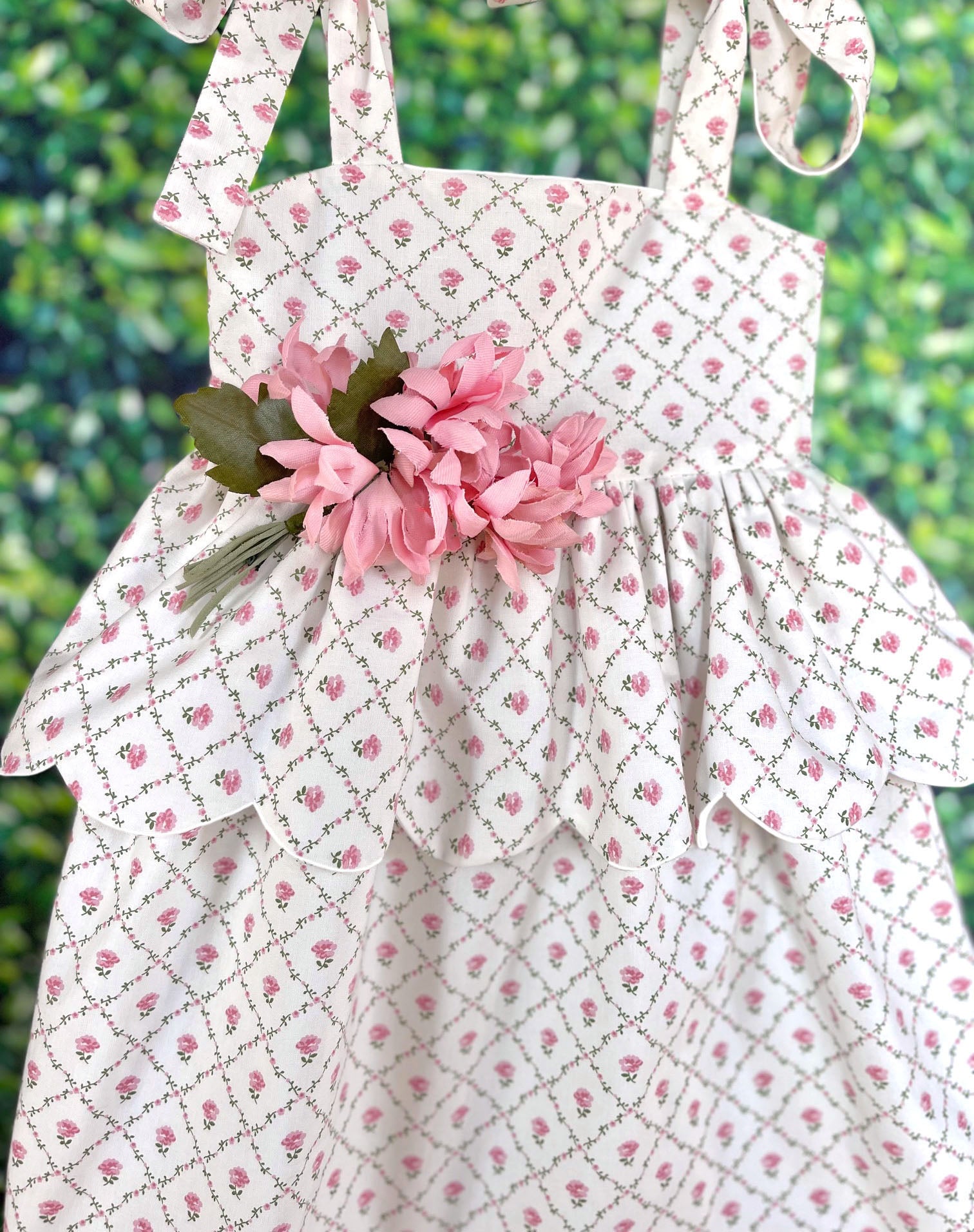 Scallop Peplum Petal Dress in Pink Rose Trellis