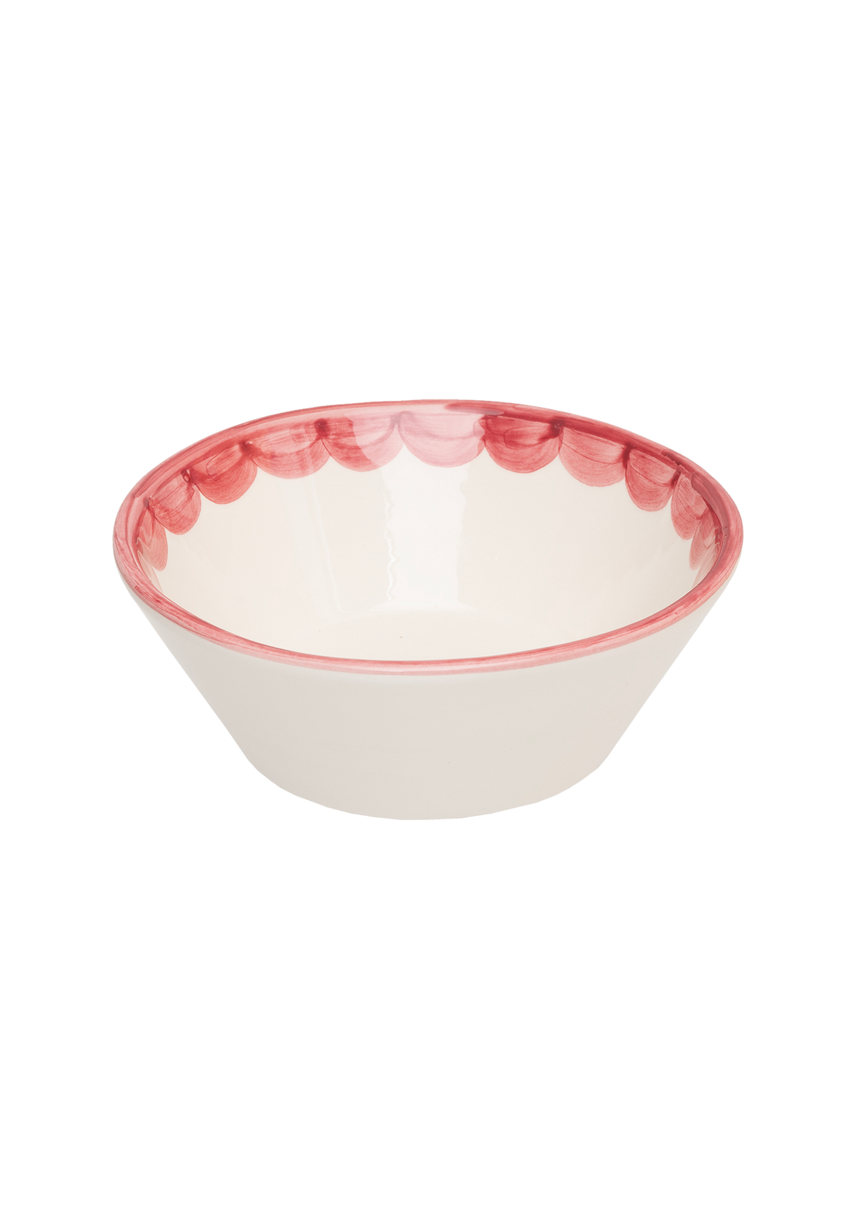 Three-quarter view of Pink Scallop Bowl showcasing scalloped pink hand-painted rim and white glazed interior on plain background