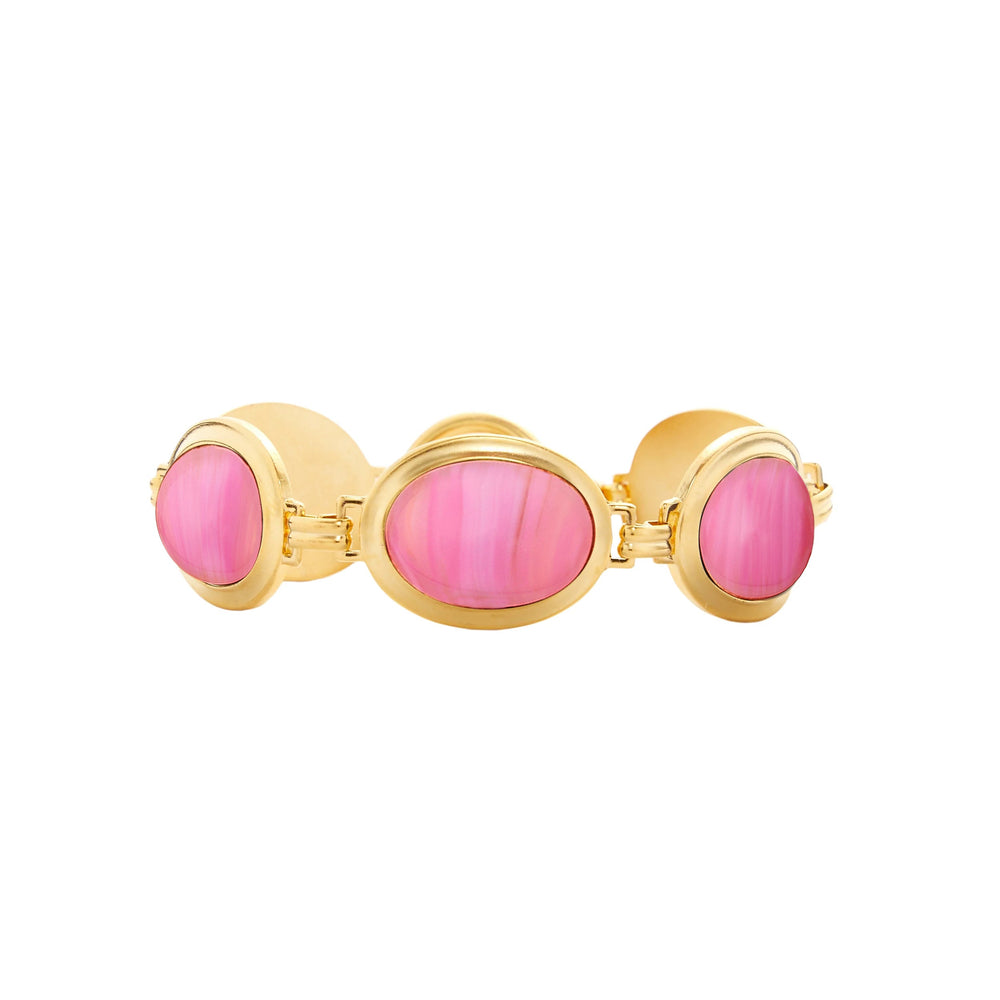 Front view of Pink Lemonade bracelet with three oval pink cabochons in gold-plated bezels on white background