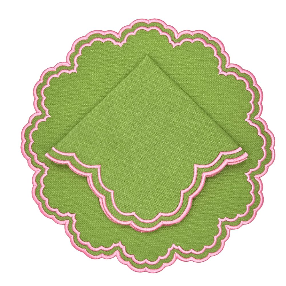 Green luxury placemat with pink embroidery and matching napkin