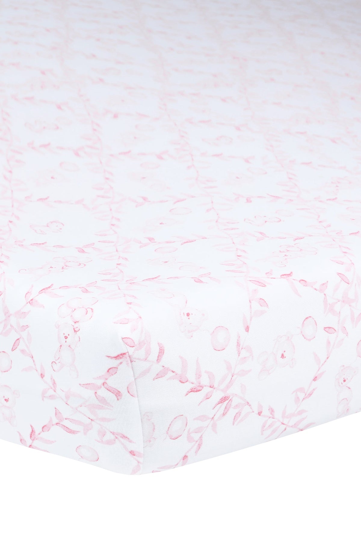 Close view of Pink Bears Trellace Crib Sheets showcasing pink bear and floral pattern on white fabric