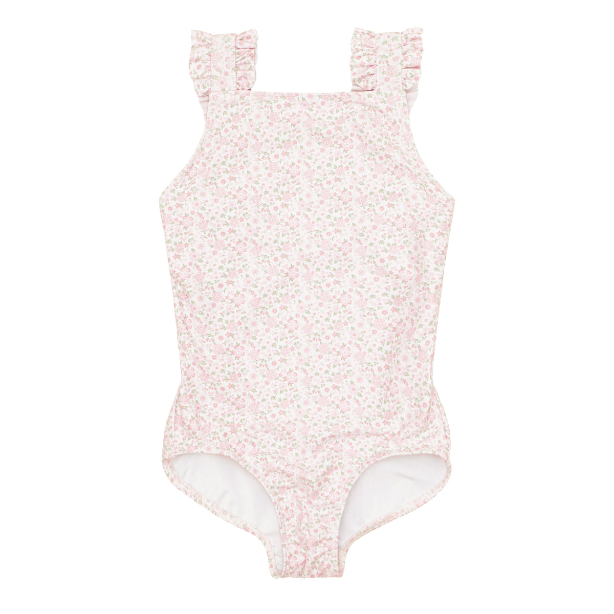 Front view of the Girls Ruffle Collar One-Piece in Antique Floral, featuring bold ruffles and a pink floral pattern on a white background