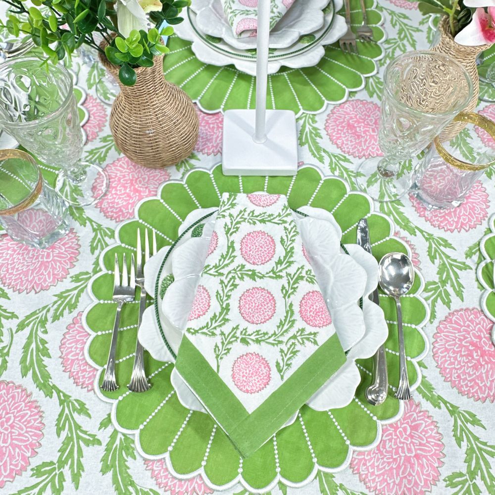 Pink and green flower napkin on tablescape