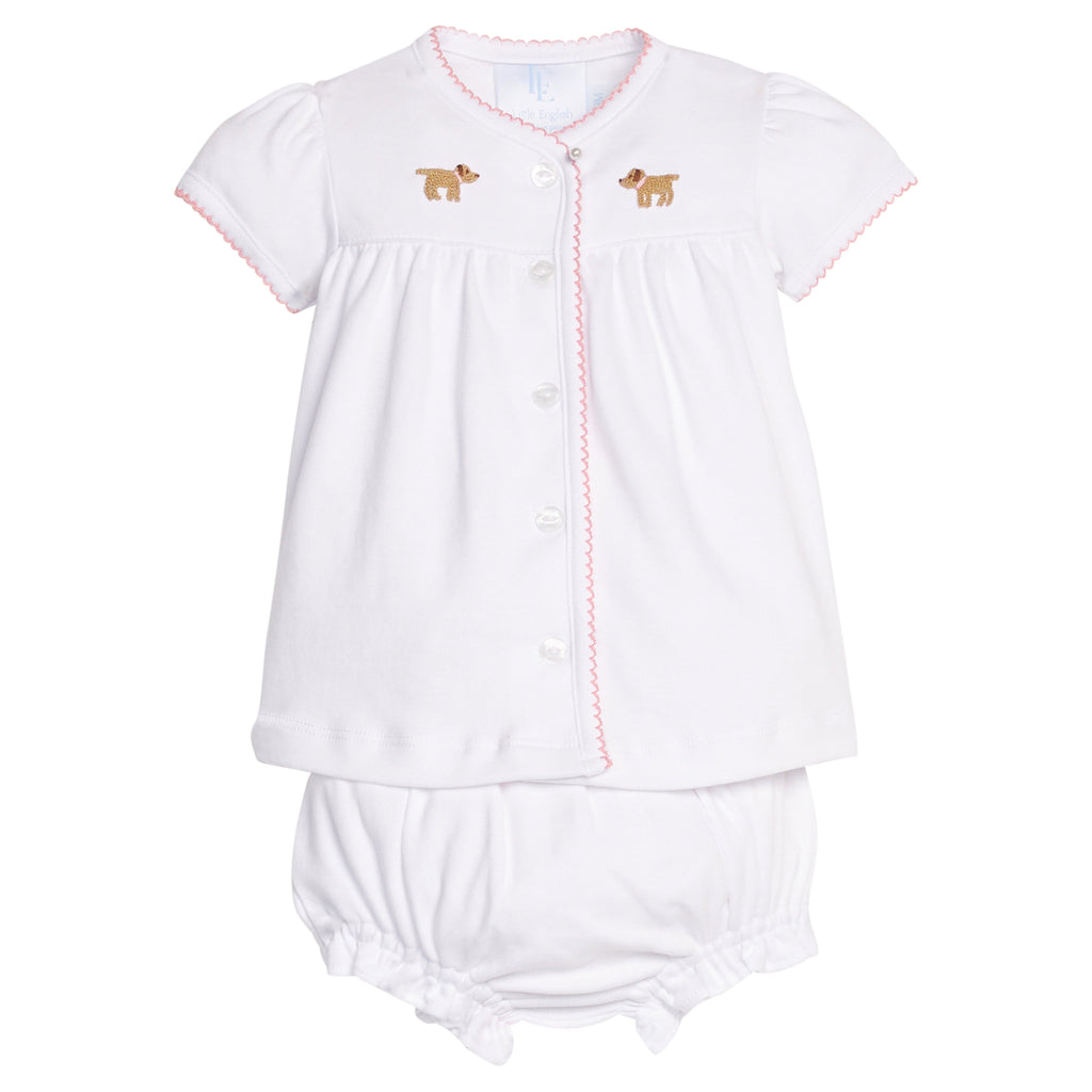 Little English traditional children's clothing.  Girl lab applique white knit set with short sleeve top and diaper cover for baby girls with light pink trim 