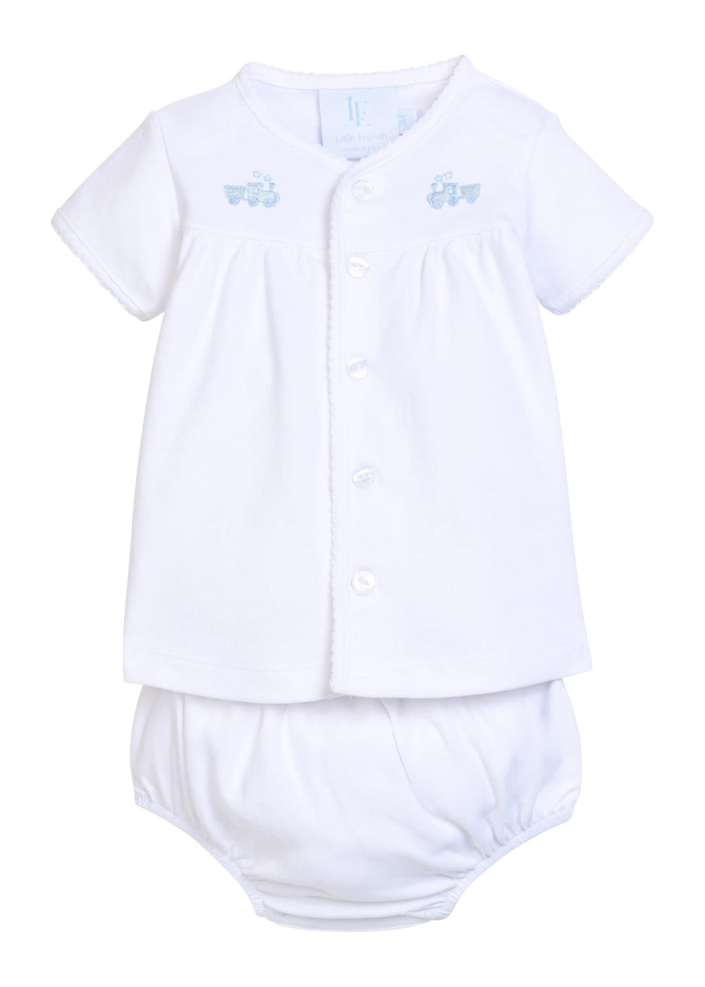 Little English traditional children's clothing.  White pima cotton newborn set with blue train pinpoint embroidery for baby boys.