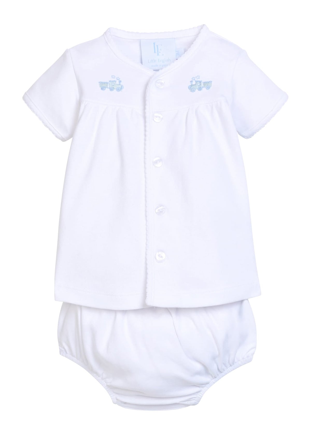 Little English traditional children's clothing.  White pima cotton newborn set with blue train pinpoint embroidery for baby boys.