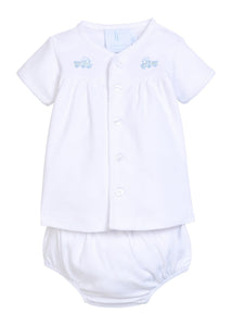 Little English traditional children's clothing.  White pima cotton newborn set with blue train pinpoint embroidery for baby boys.