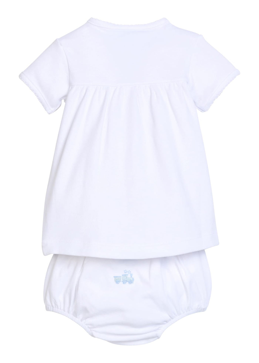 Little English traditional children's clothing.  White pima cotton newborn set with blue train pinpoint embroidery for baby boys.