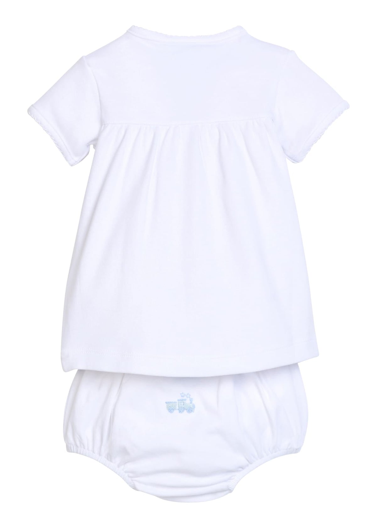 Little English traditional children's clothing.  White pima cotton newborn set with blue train pinpoint embroidery for baby boys.