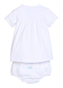 Little English traditional children's clothing.  White pima cotton newborn set with blue train pinpoint embroidery for baby boys.