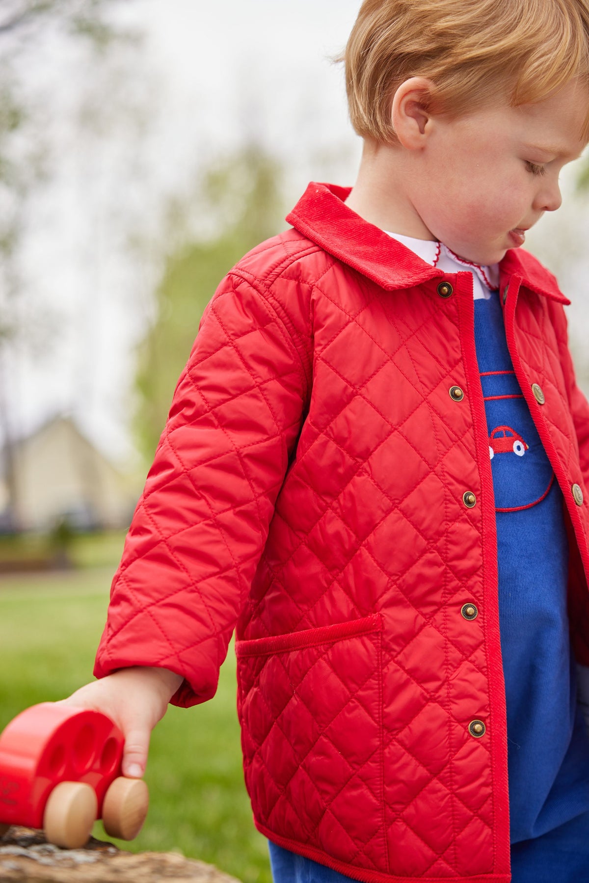 Little English classic childrens clothing unisex button snap quilted jacket in red