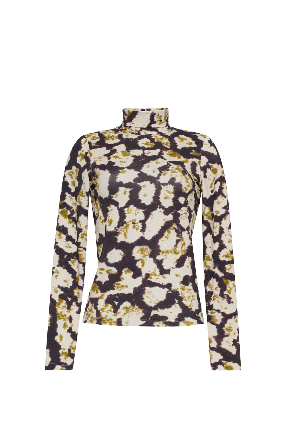 Front view of the Piper Top in Spotted Black showcasing its turtleneck, long sleeves, and allover print against a white background
