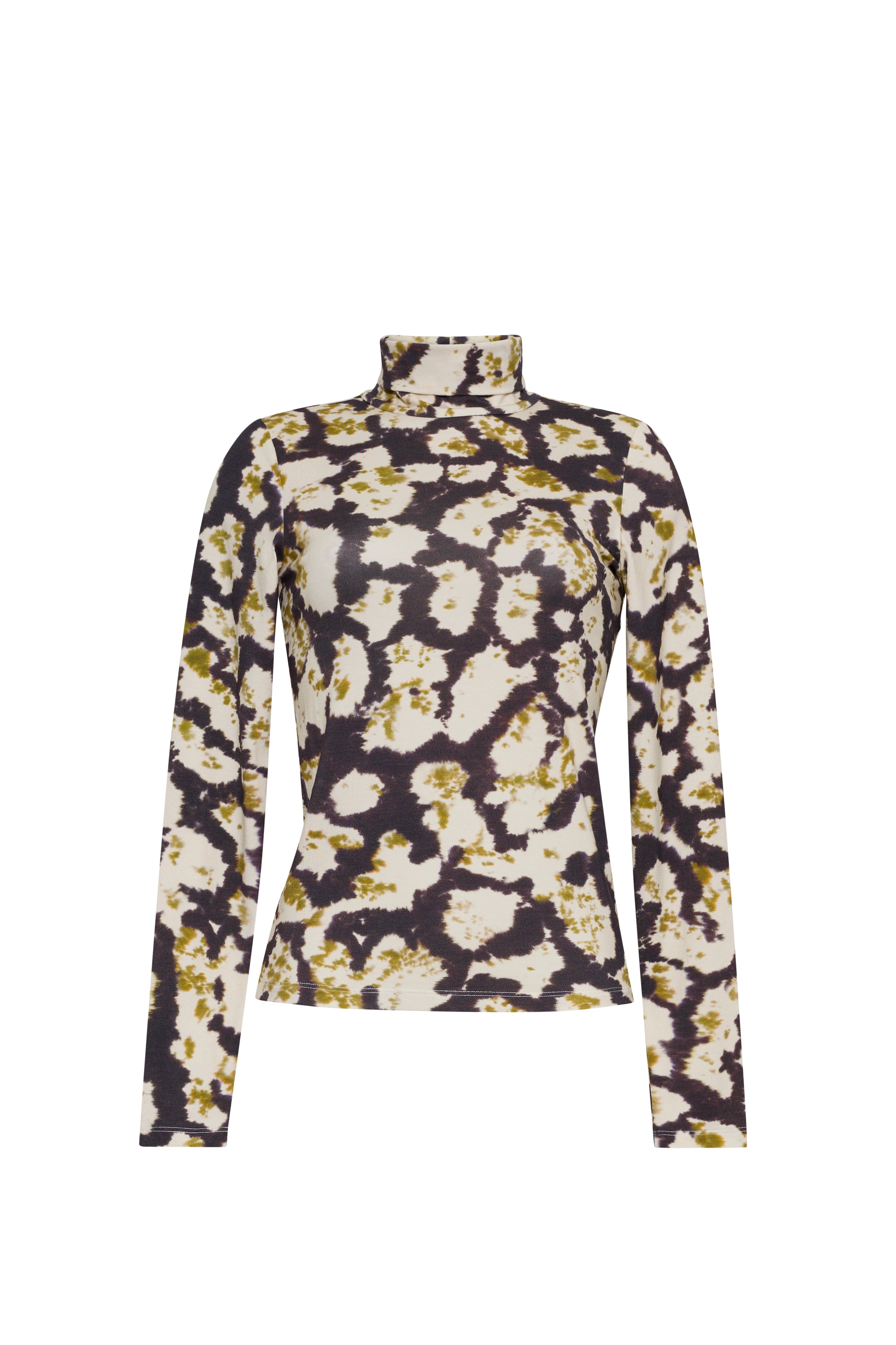 Front view of the Piper Top in Spotted Black showcasing its turtleneck, long sleeves, and allover print against a white background