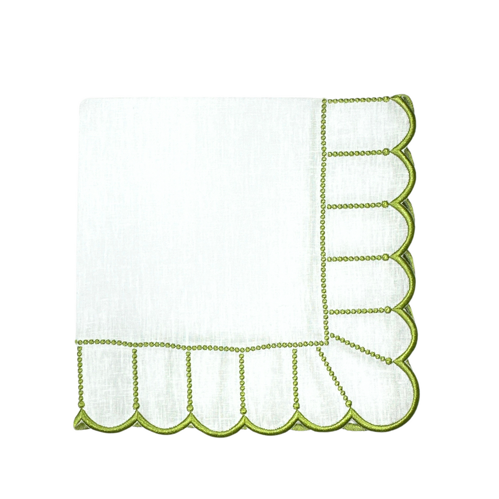 Top view of Studio Collection Pippa Napkins in White and Green, Set of 4 showcasing green scalloped silk embroidery on white linen