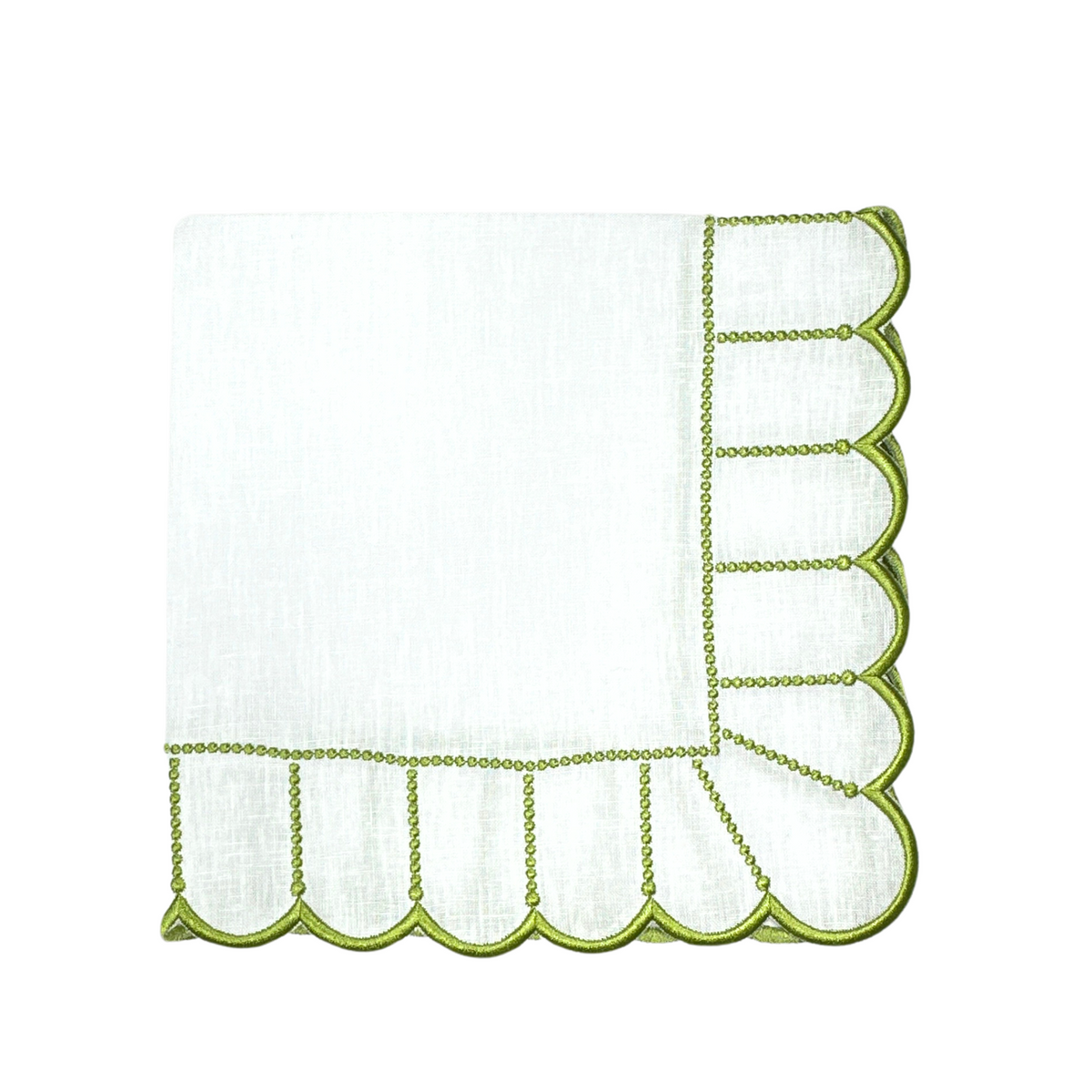 Top view of Studio Collection Pippa Napkins in White and Green, Set of 4 showcasing green scalloped silk embroidery on white linen