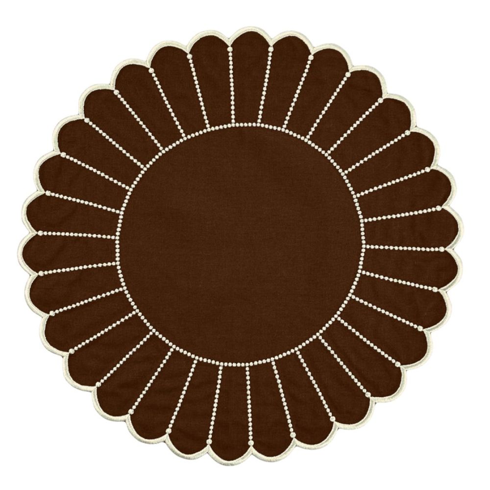 Cocoa linen scalloped placemat with white embroidery in linen