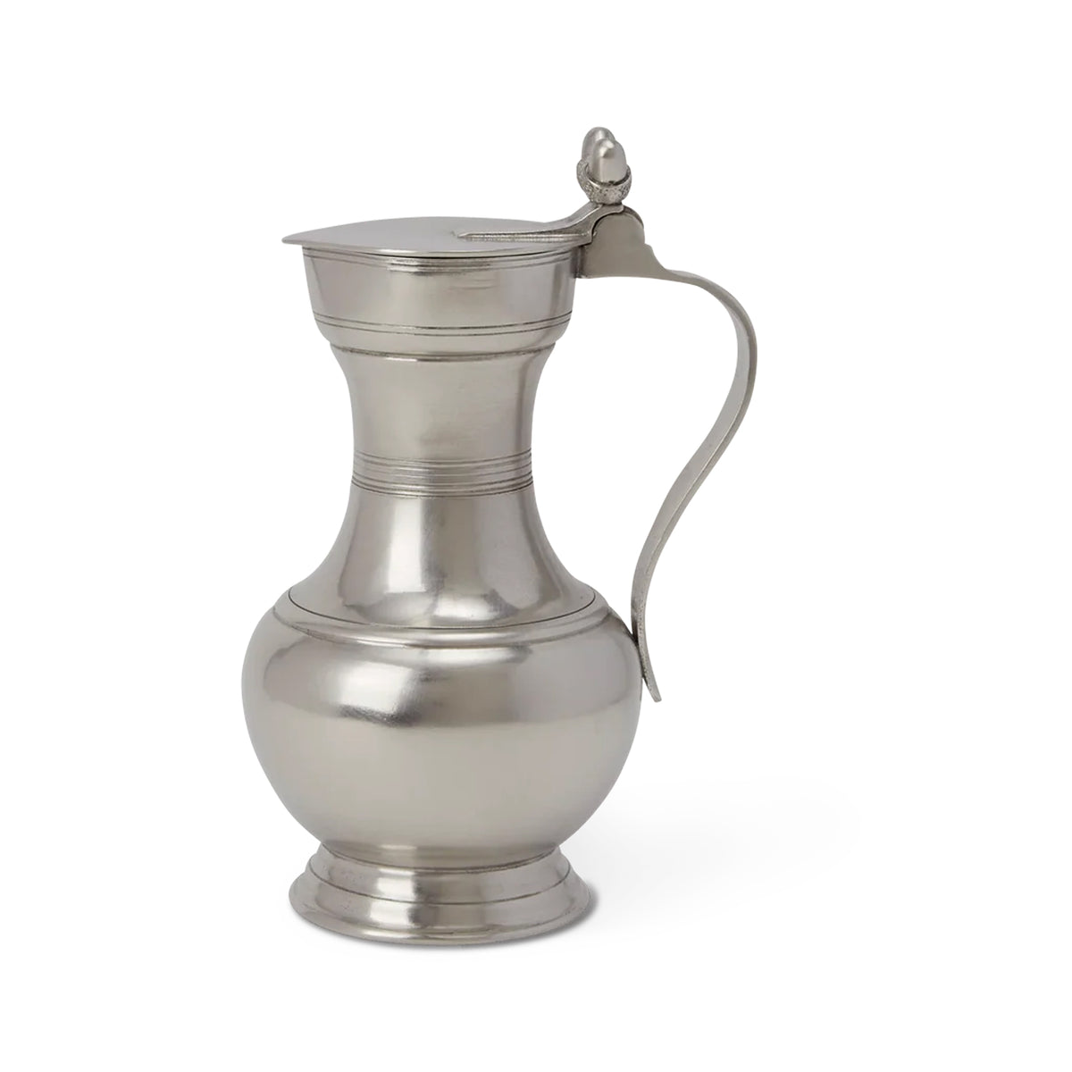 Three-quarter view of Pitcher with Acorn Lid showcasing pewter finish and acorn finial against a white background
