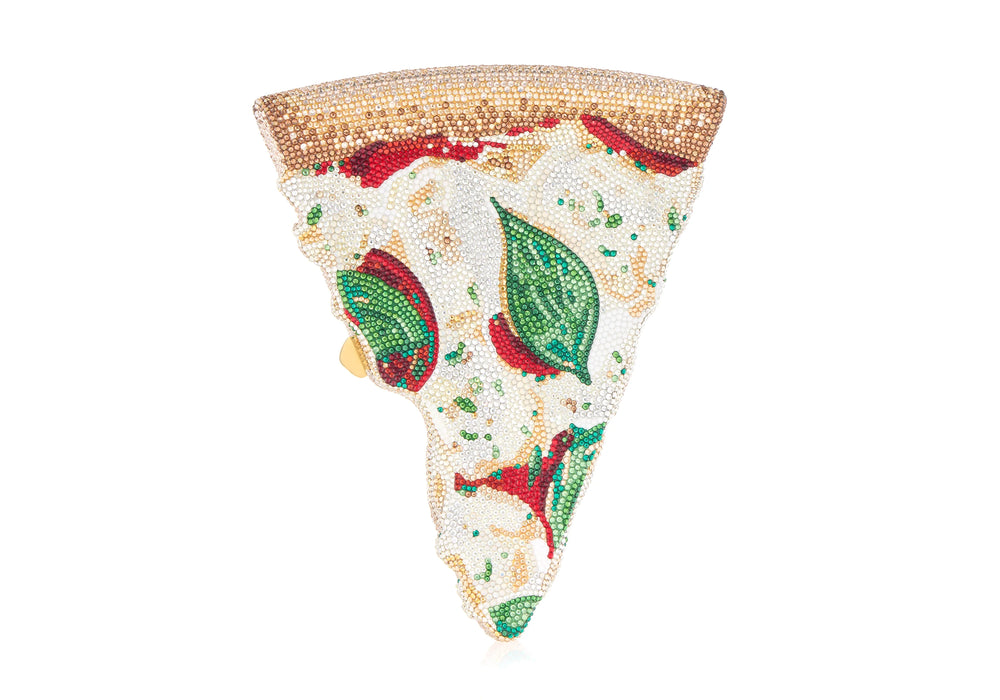 Front view of slice-shaped Margherita pizza clutch showcasing crystal-embellished melted-cheese detail, green basil and tomato motifs on white background