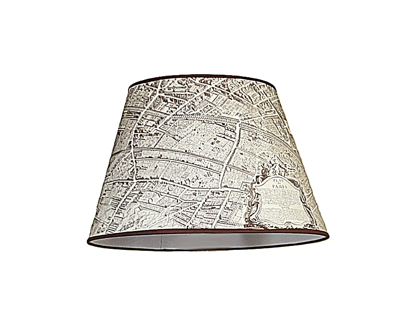 Front view of Plan de Paris lampshade showing vintage map of Paris print with brown trim on white background