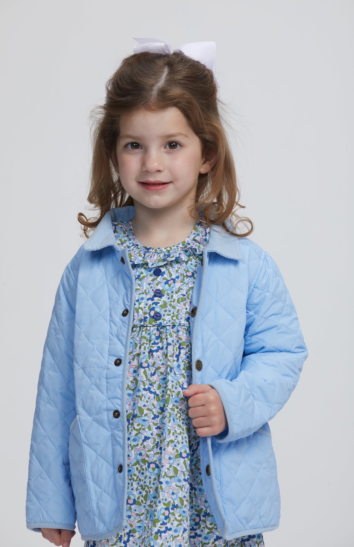 Little English traditional children's clothing.  Pink, blue, and green floral dress with Quilted Jacket in light blue, for little girls for Fall