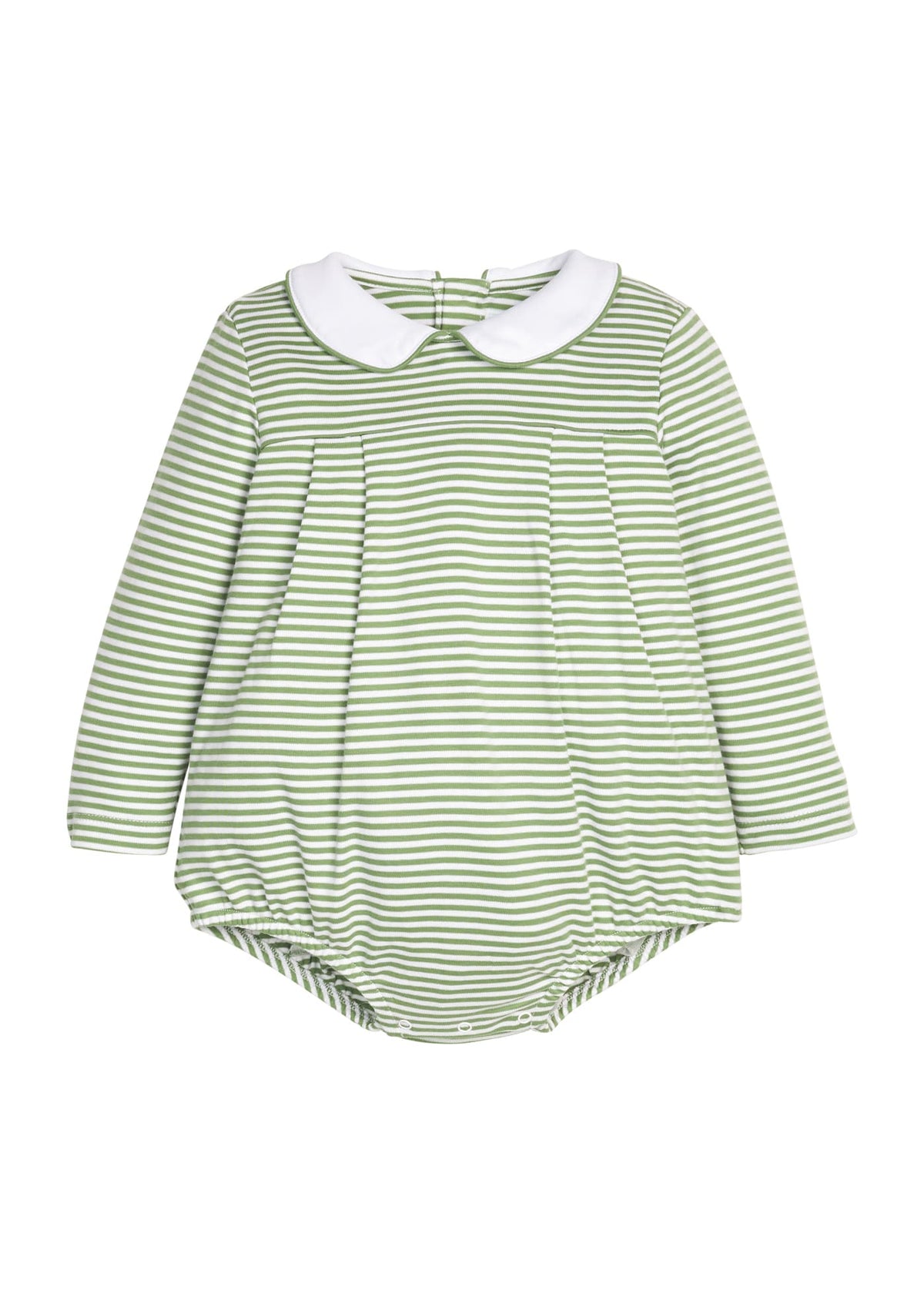 Little English classic children's clothing. Short sleeve knit peter pan bubble in green & white Watercress Stripe for baby boys