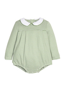 Little English classic children's clothing. Short sleeve knit peter pan bubble in green & white Watercress Stripe for baby boys